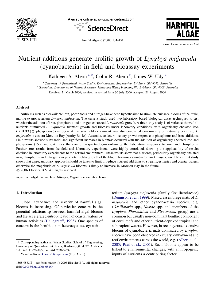 Nutrient additions generate prolific growth of Lyngbya majuscula (cyanobacteria) in field and bioassay experiments