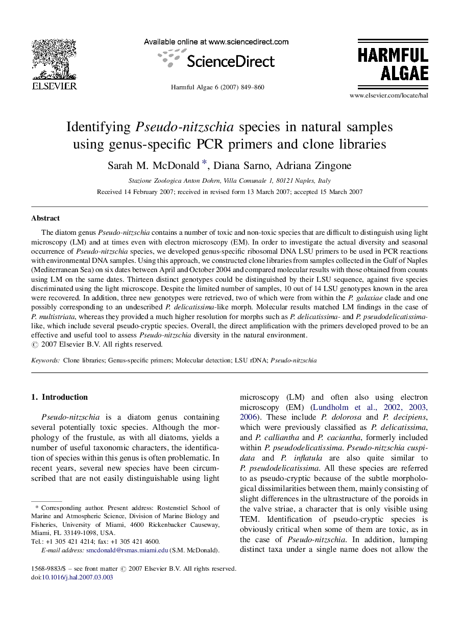Identifying Pseudo-nitzschia species in natural samples using genus-specific PCR primers and clone libraries