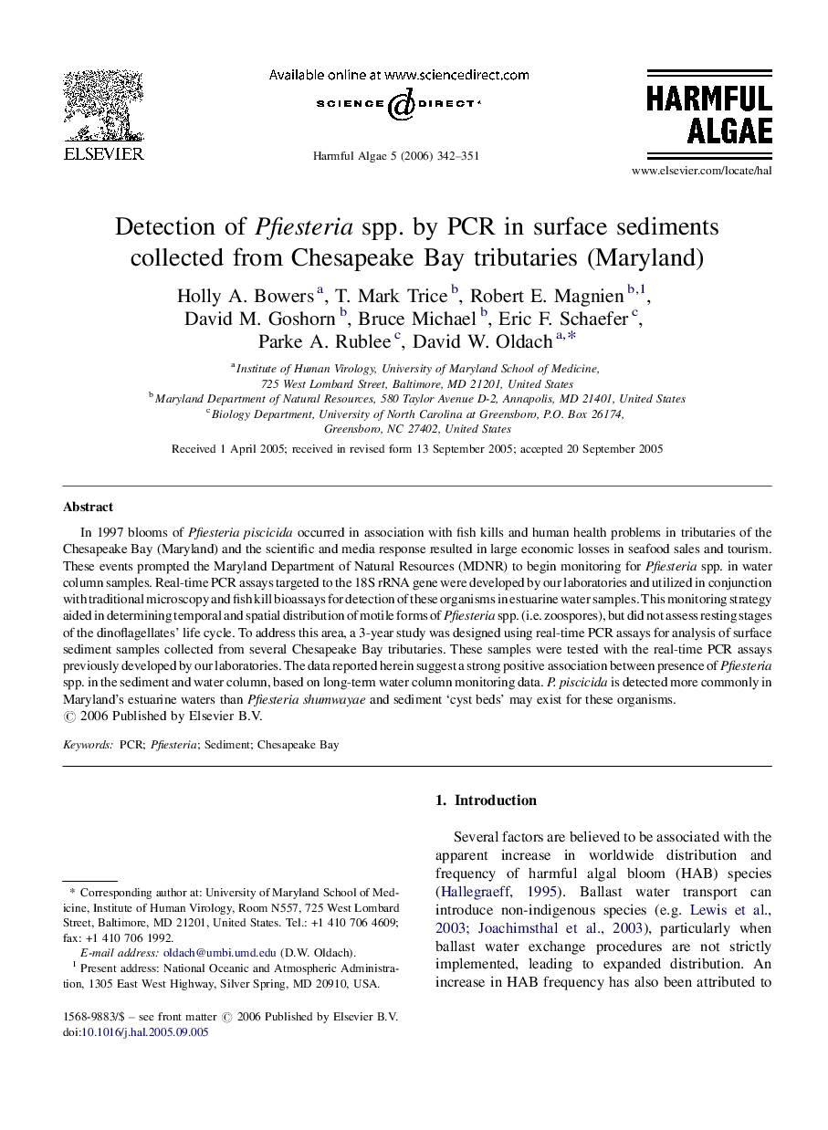 Detection of Pfiesteria spp. by PCR in surface sediments collected from Chesapeake Bay tributaries (Maryland)