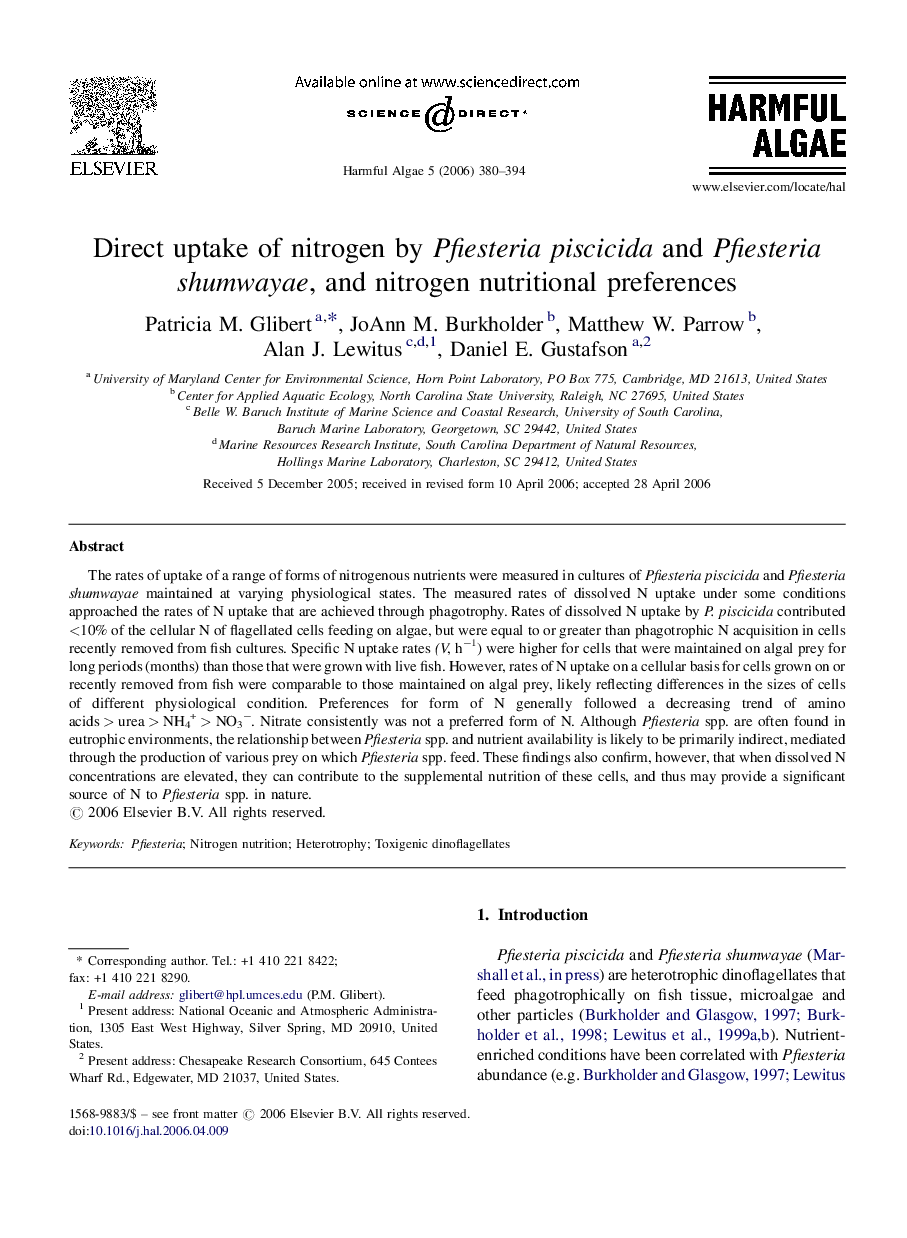 Direct uptake of nitrogen by Pfiesteria piscicida and Pfiesteria shumwayae, and nitrogen nutritional preferences
