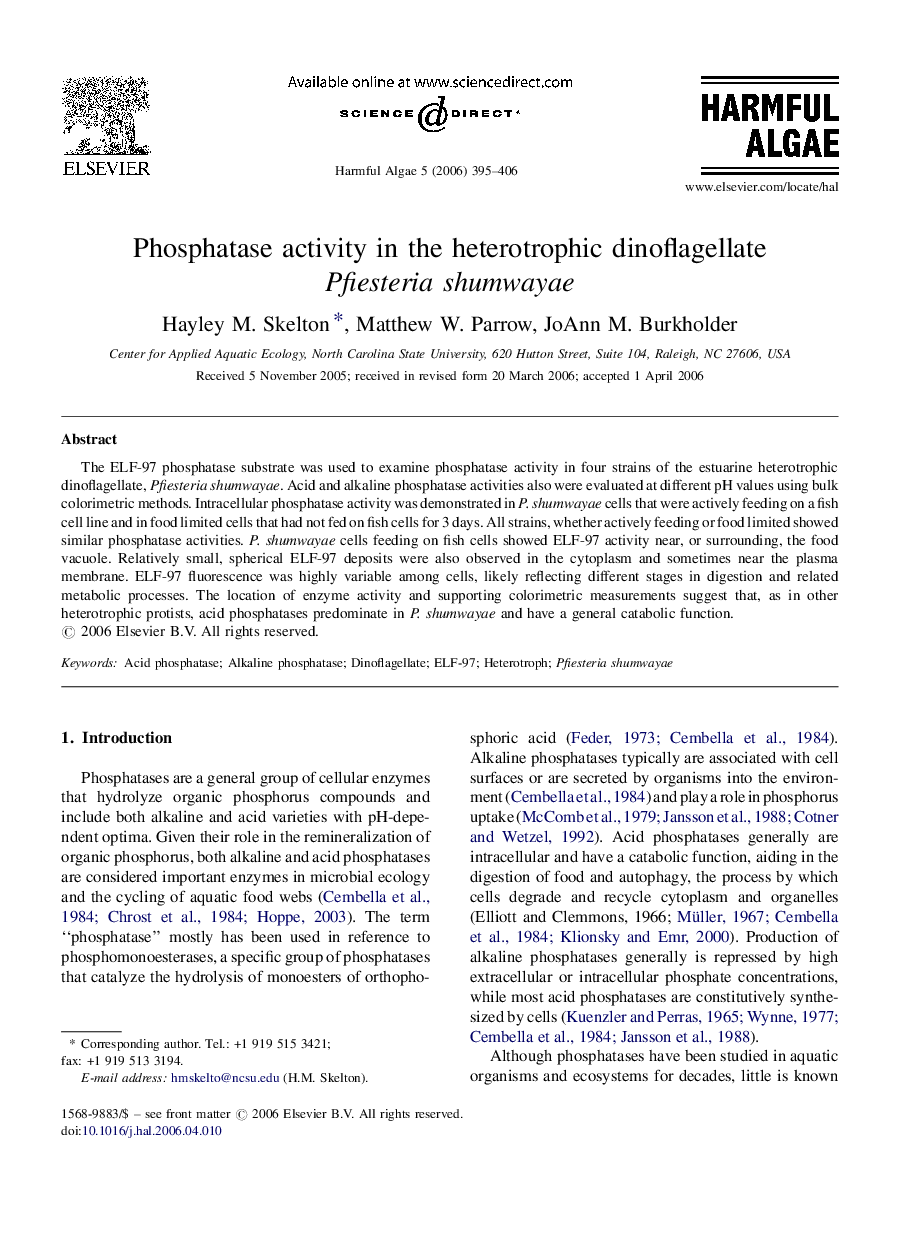 Phosphatase activity in the heterotrophic dinoflagellate Pfiesteria shumwayae