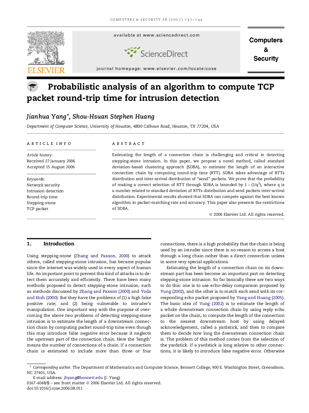 Probabilistic analysis of an algorithm to compute TCP packet round-trip time for intrusion detection