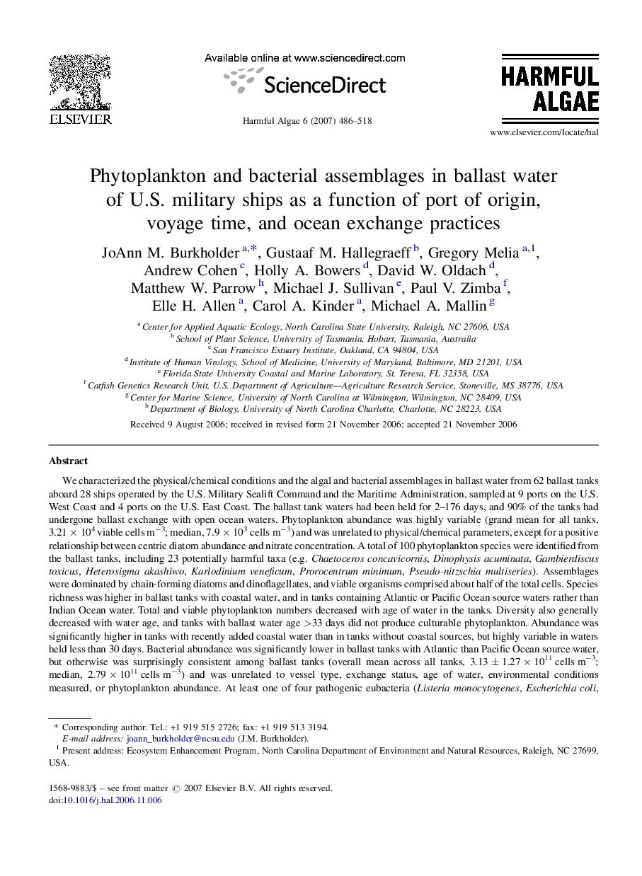 Phytoplankton and bacterial assemblages in ballast water of U.S. military ships as a function of port of origin, voyage time, and ocean exchange practices