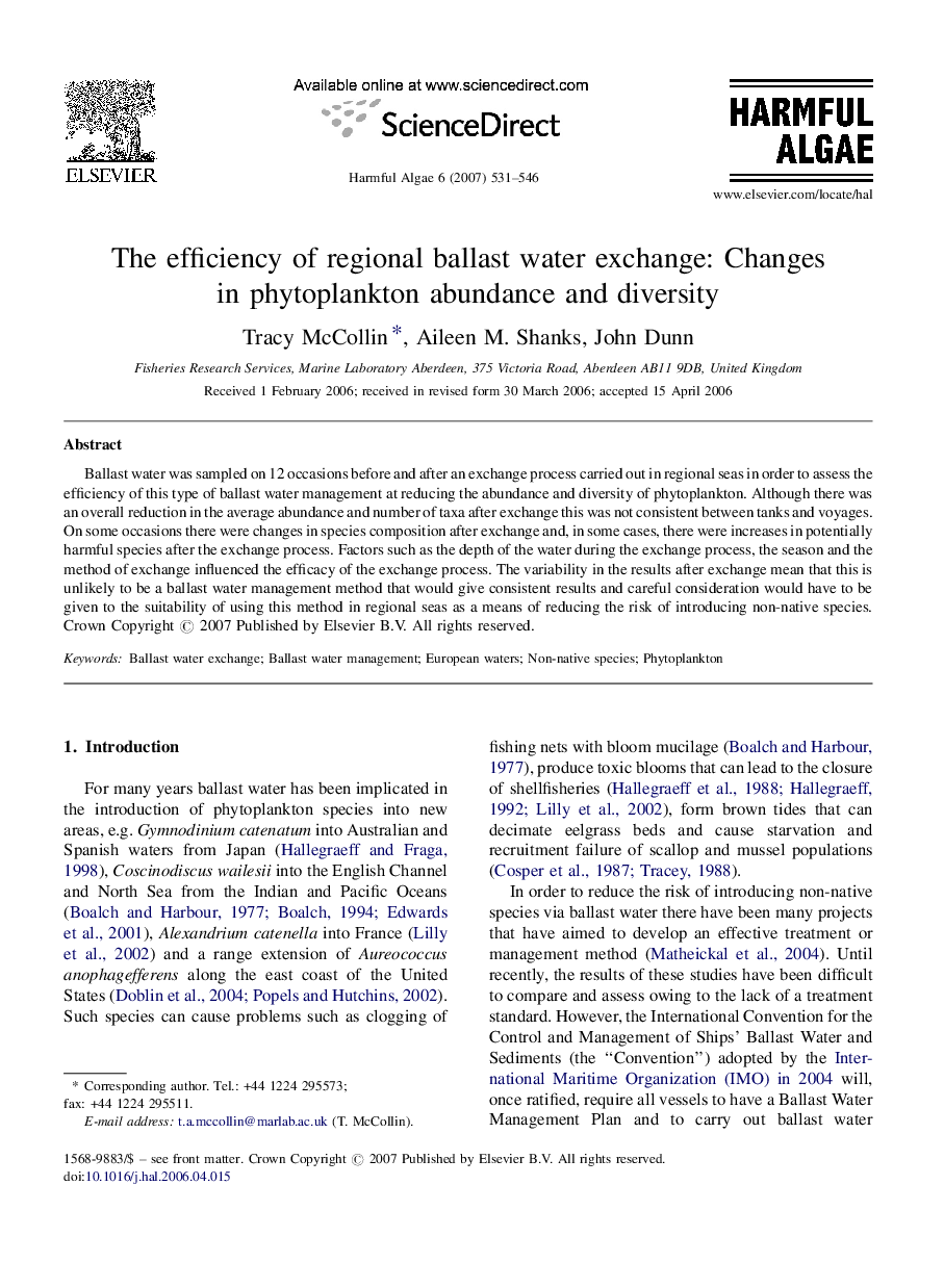 The efficiency of regional ballast water exchange: Changes in phytoplankton abundance and diversity