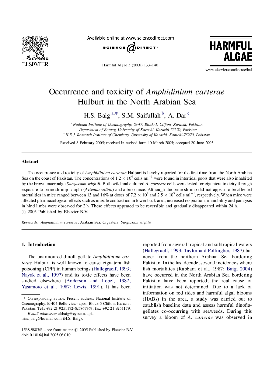 Occurrence and toxicity of Amphidinium carterae Hulburt in the North Arabian Sea