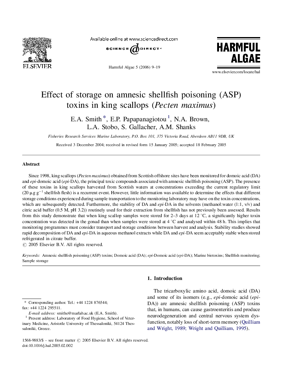 Effect of storage on amnesic shellfish poisoning (ASP) toxins in king scallops (Pecten maximus)