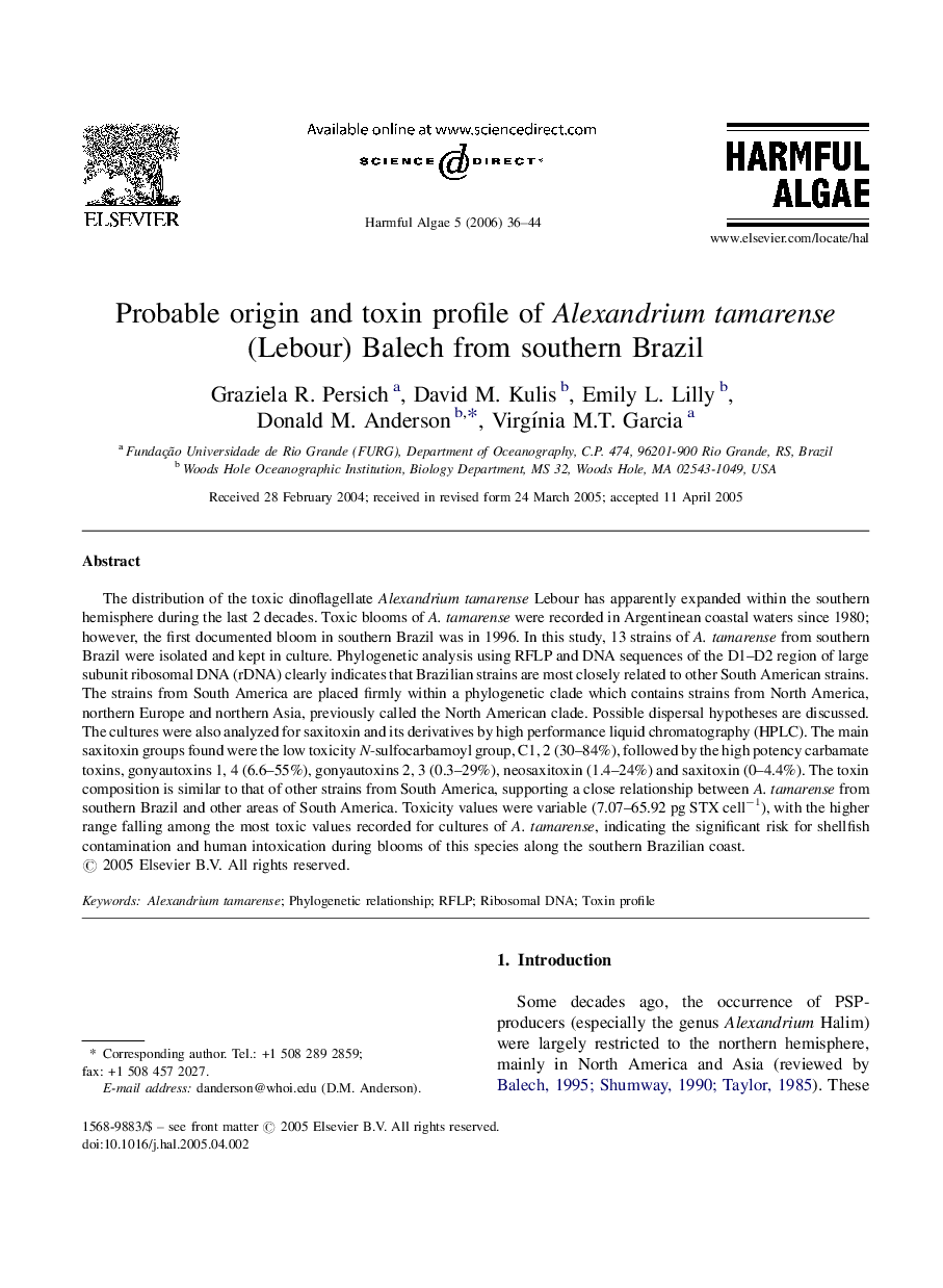 Probable origin and toxin profile of Alexandrium tamarense (Lebour) Balech from southern Brazil