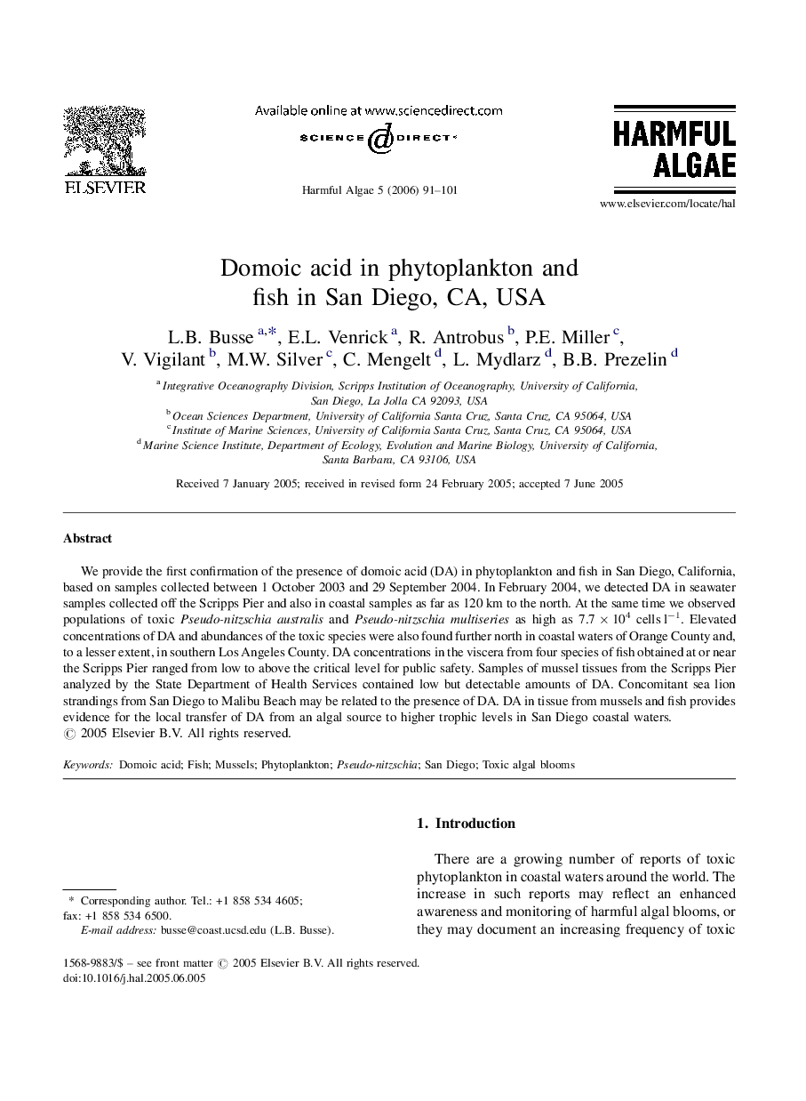 Domoic acid in phytoplankton and fish in San Diego, CA, USA