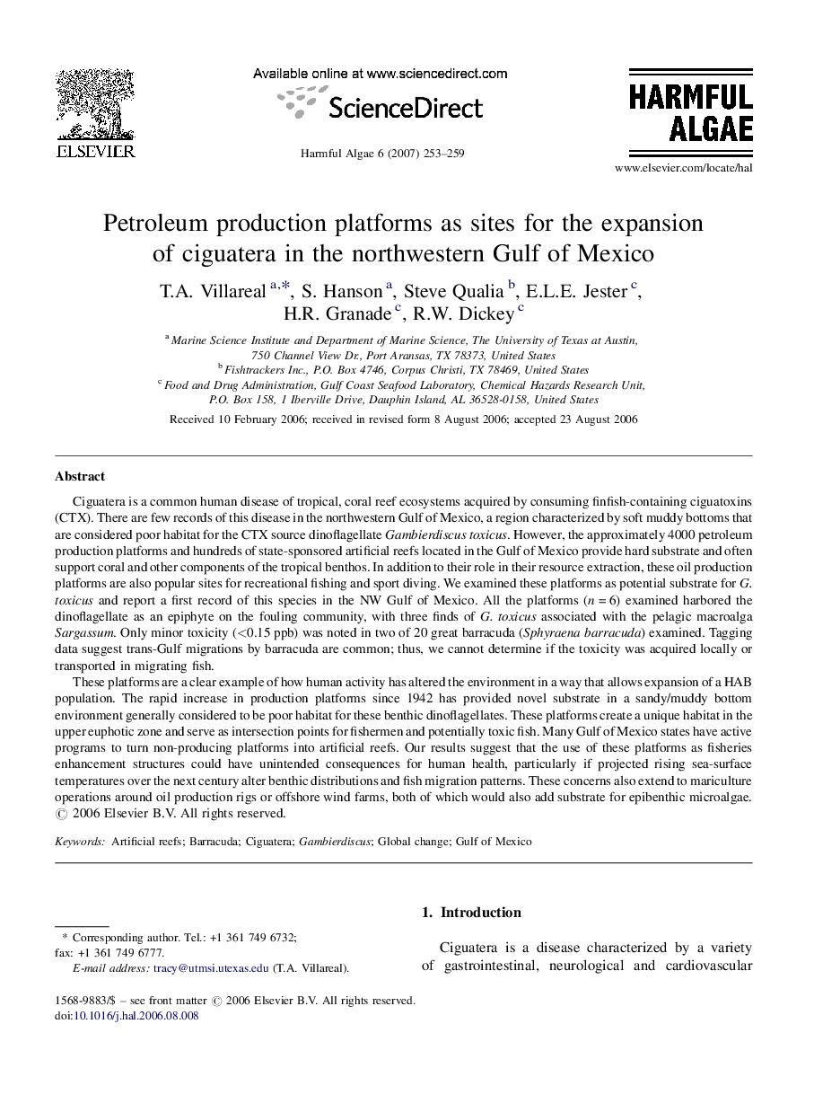 Petroleum production platforms as sites for the expansion of ciguatera in the northwestern Gulf of Mexico