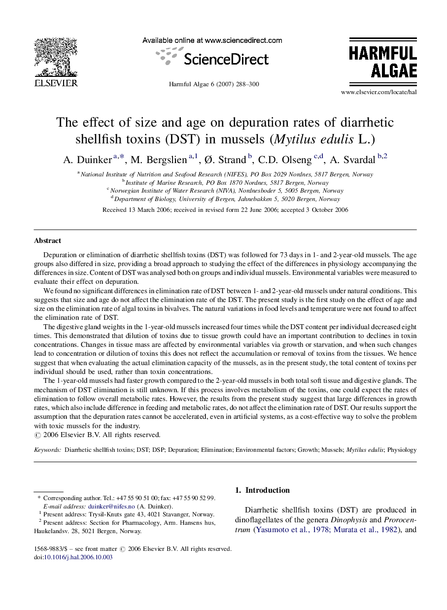 The effect of size and age on depuration rates of diarrhetic shellfish toxins (DST) in mussels (Mytilus edulis L.)