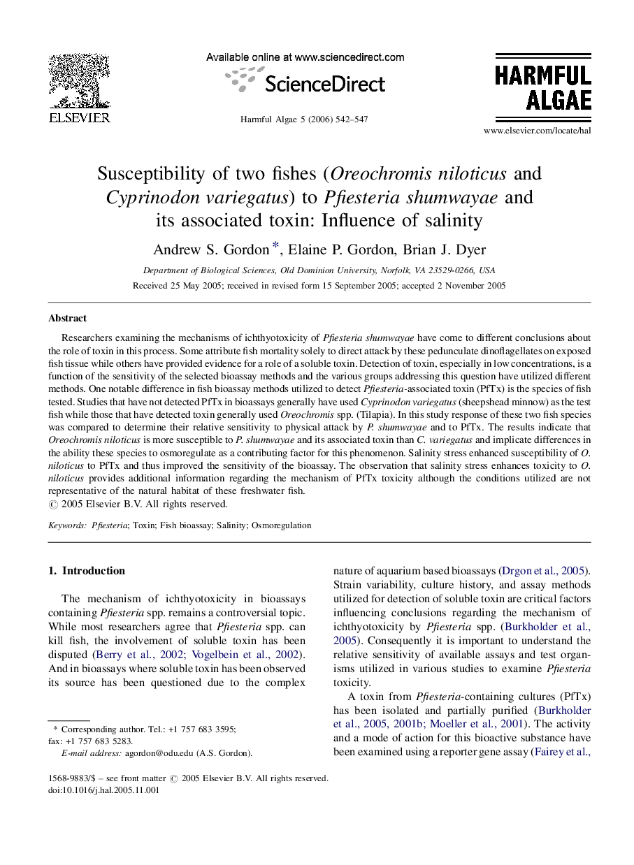 Susceptibility of two fishes (Oreochromis niloticus and Cyprinodon variegatus) to Pfiesteria shumwayae and its associated toxin: Influence of salinity