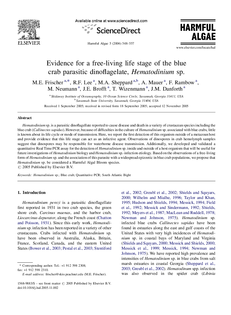 Evidence for a free-living life stage of the blue crab parasitic dinoflagelate, Hematodinium sp.