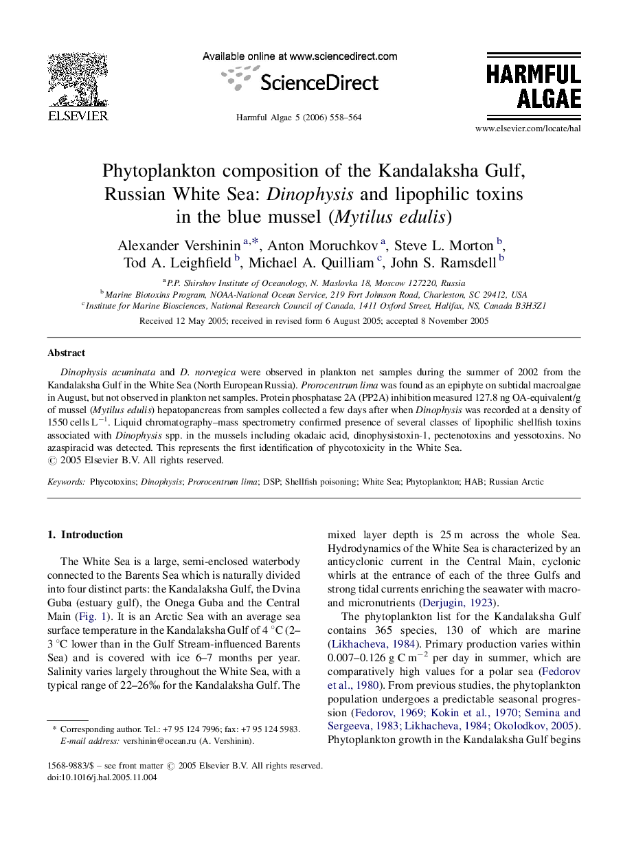 Phytoplankton composition of the Kandalaksha Gulf, Russian White Sea: Dinophysis and lipophilic toxins in the blue mussel (Mytilus edulis)