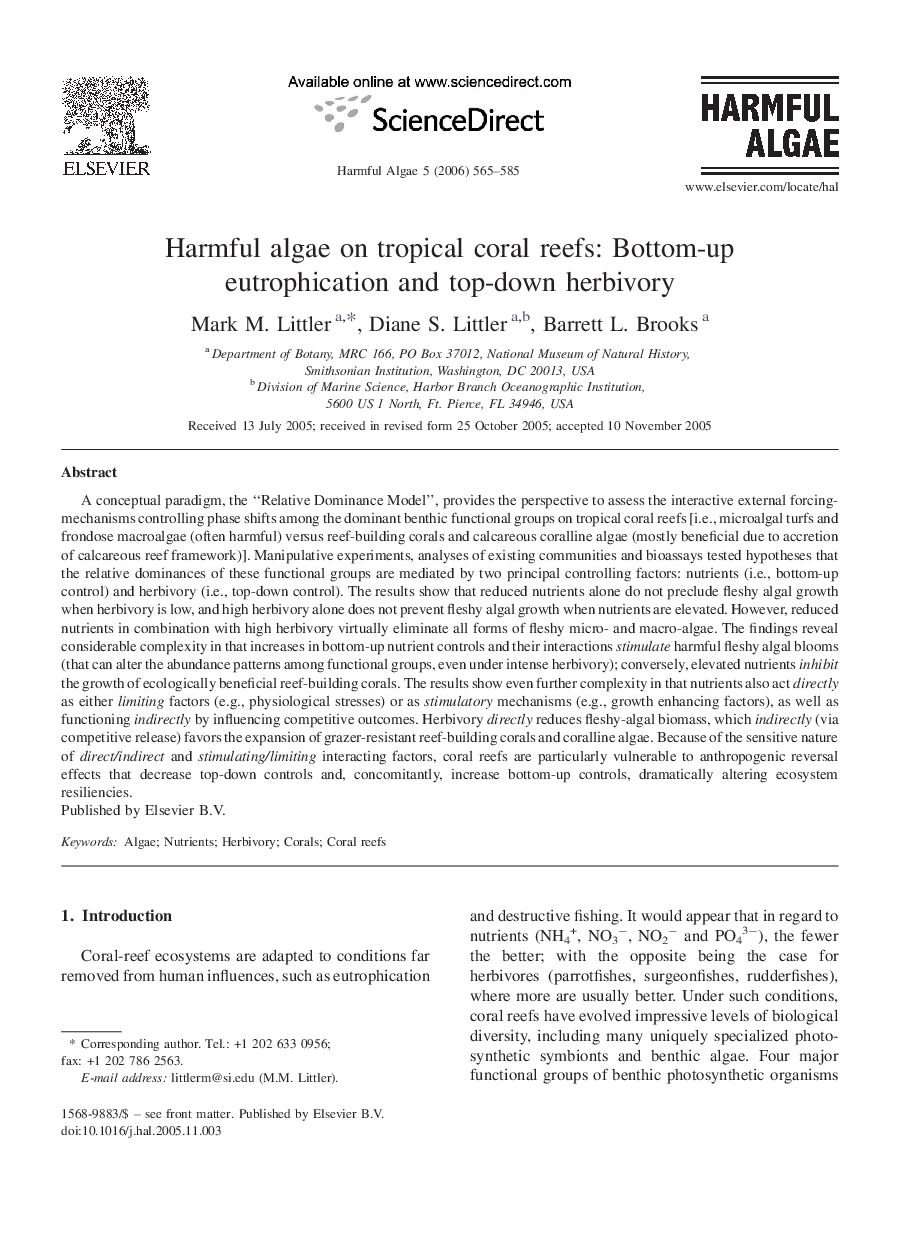 Harmful algae on tropical coral reefs: Bottom-up eutrophication and top-down herbivory