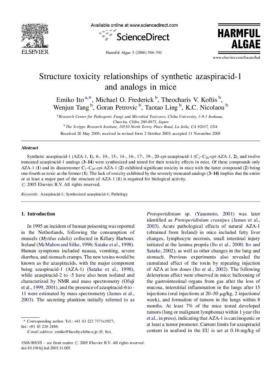 Structure toxicity relationships of synthetic azaspiracid-1 and analogs in mice