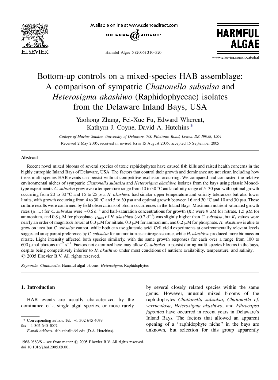 Bottom-up controls on a mixed-species HAB assemblage: A comparison of sympatric Chattonella subsalsa and Heterosigma akashiwo (Raphidophyceae) isolates from the Delaware Inland Bays, USA