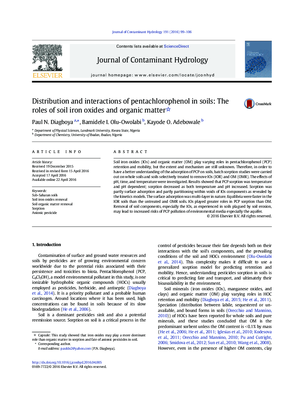 Distribution and interactions of pentachlorophenol in soils: The roles of soil iron oxides and organic matter 