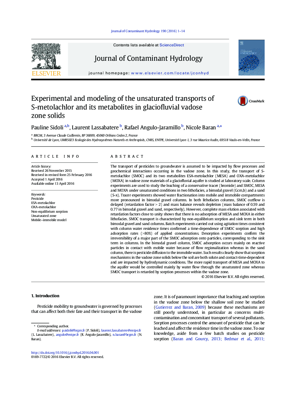 Experimental and modeling of the unsaturated transports of S-metolachlor and its metabolites in glaciofluvial vadose zone solids