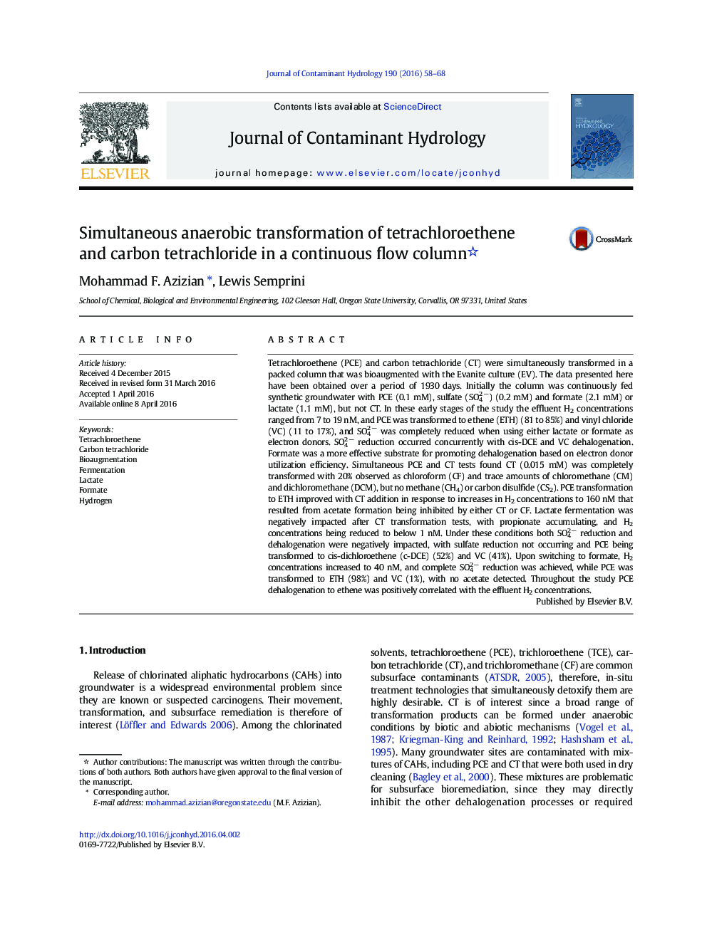 Simultaneous anaerobic transformation of tetrachloroethene and carbon tetrachloride in a continuous flow column 