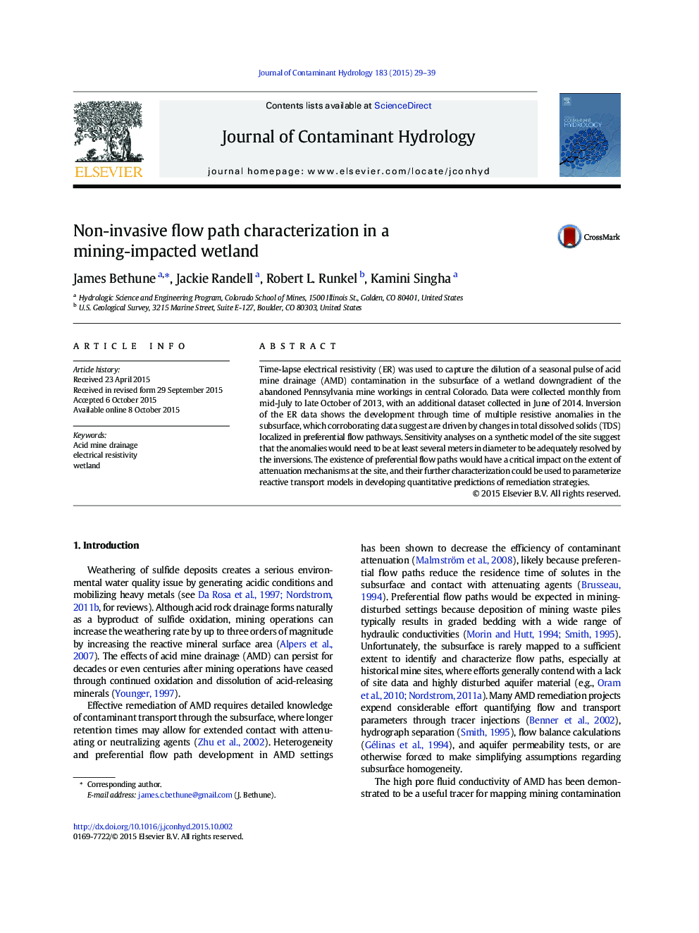 Non-invasive flow path characterization in a mining-impacted wetland