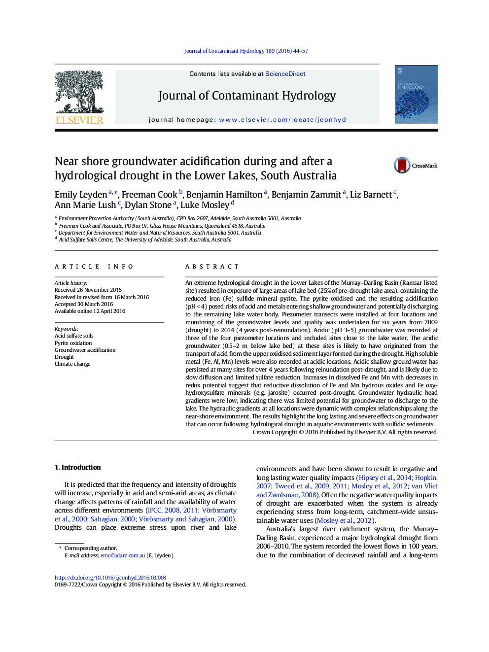 Near shore groundwater acidification during and after a hydrological drought in the Lower Lakes, South Australia