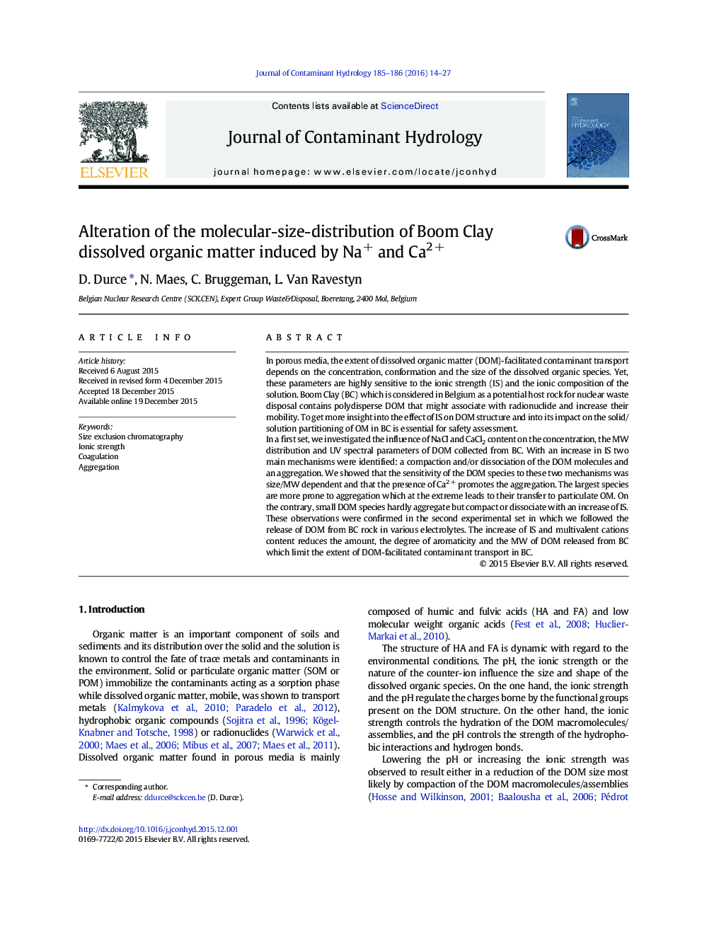 Alteration of the molecular-size-distribution of Boom Clay dissolved organic matter induced by Na+ and Ca2 +