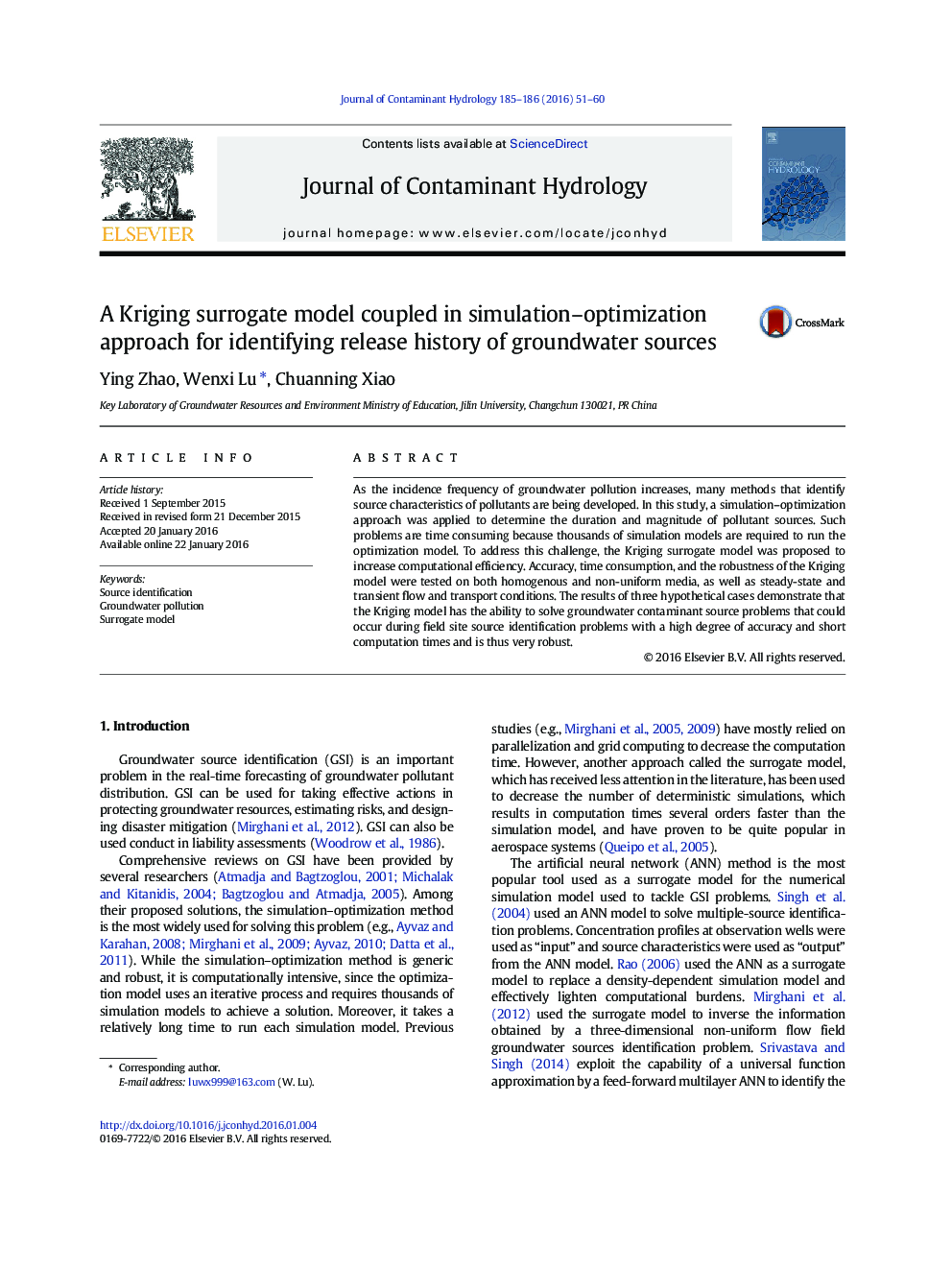 A Kriging surrogate model coupled in simulation–optimization approach for identifying release history of groundwater sources