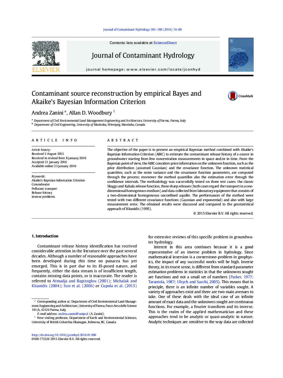 Contaminant source reconstruction by empirical Bayes and Akaike's Bayesian Information Criterion