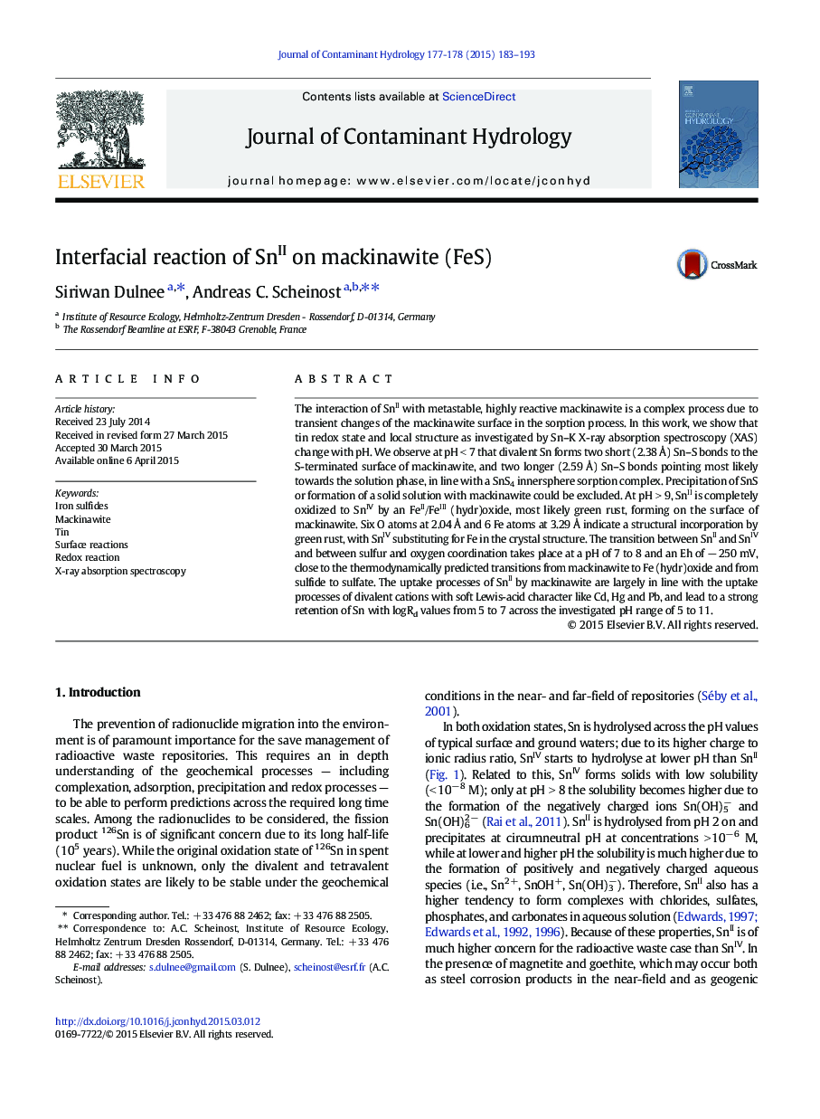 Interfacial reaction of SnII on mackinawite (FeS)