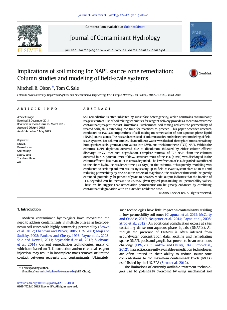 Implications of soil mixing for NAPL source zone remediation: Column studies and modeling of field-scale systems