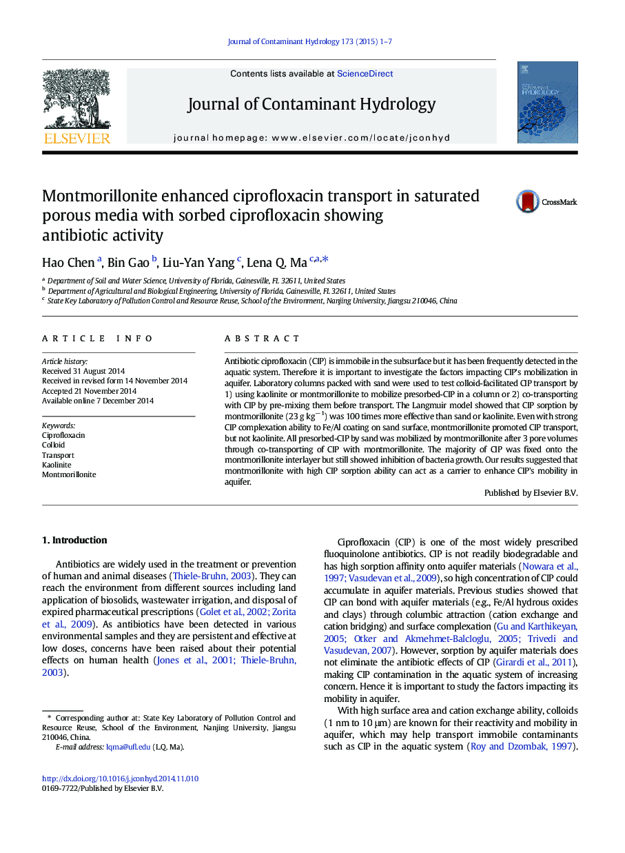 Montmorillonite enhanced ciprofloxacin transport in saturated porous media with sorbed ciprofloxacin showing antibiotic activity