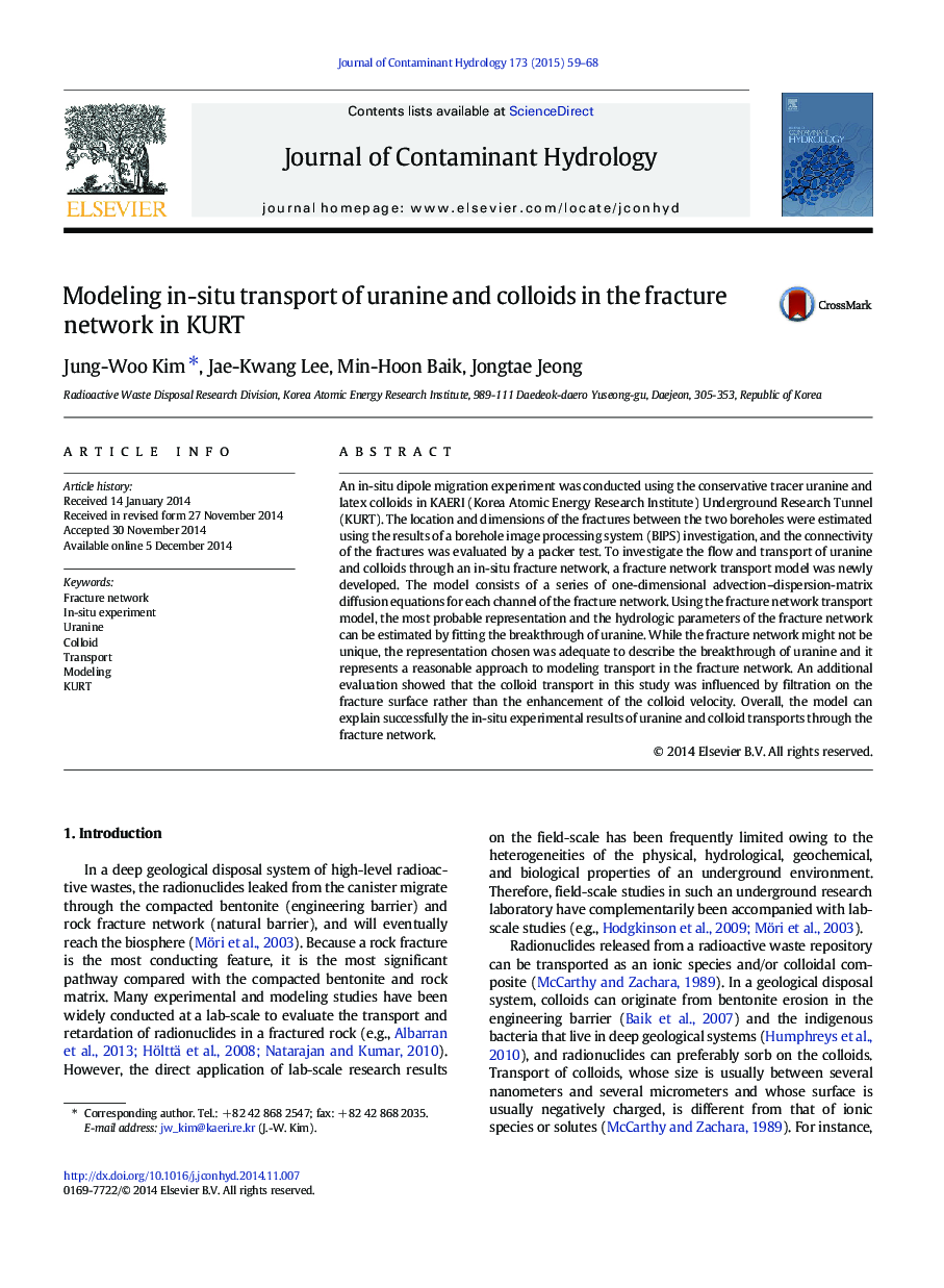 Modeling in-situ transport of uranine and colloids in the fracture network in KURT