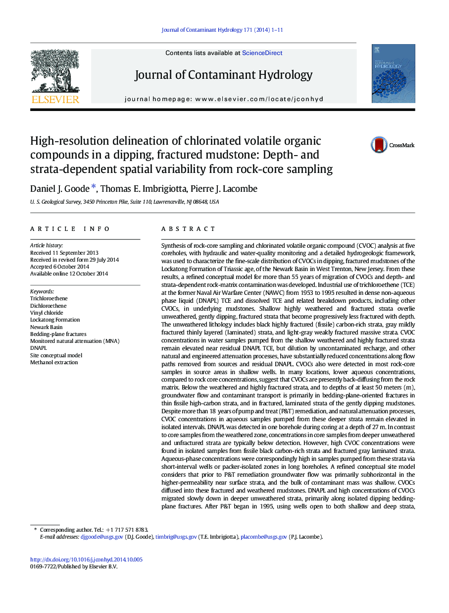 High-resolution delineation of chlorinated volatile organic compounds in a dipping, fractured mudstone: Depth- and strata-dependent spatial variability from rock-core sampling