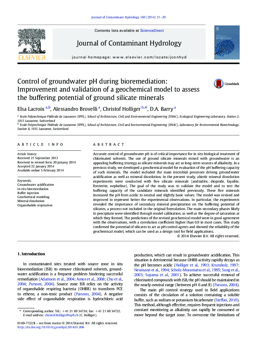 عکس صفحه اول مقاله: Control of groundwater pH during bioremediation: Improvement and validation of a geochemical model to assess the buffering potential of ground silicate minerals Control of groundwater pH during bioremediation: Improvement and validation of a geochemical model to assess the buffering potential of ground silicate minerals