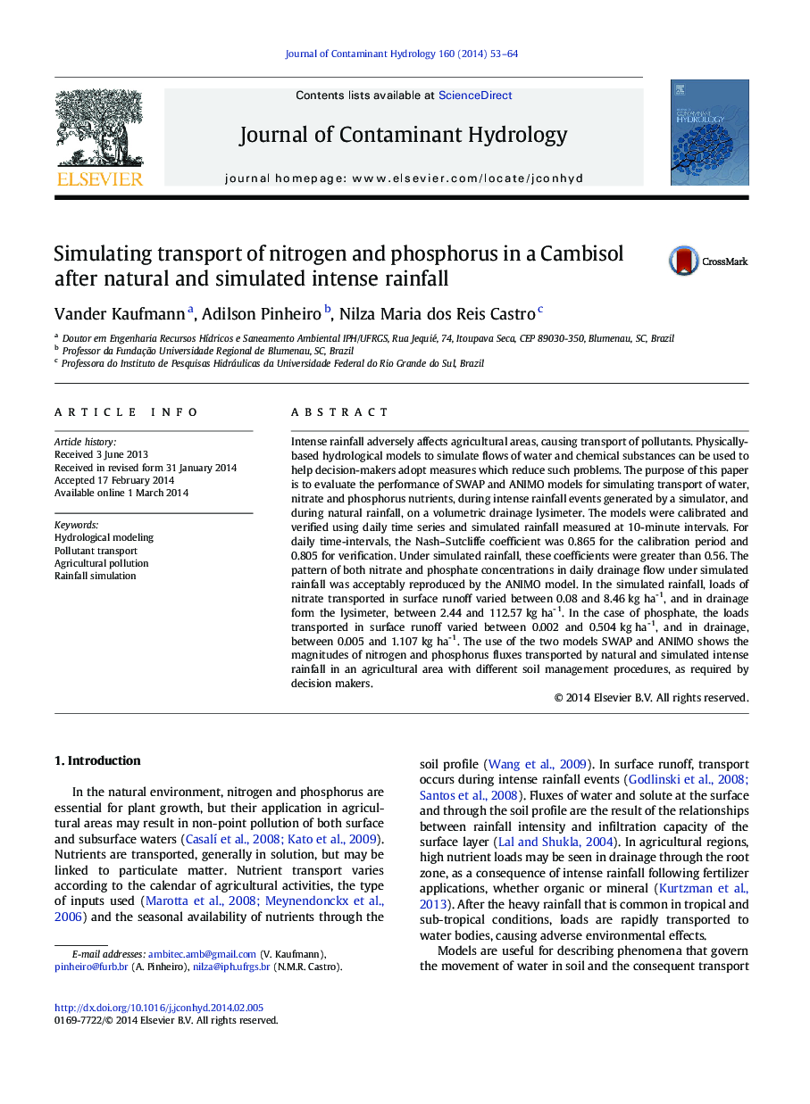 Simulating transport of nitrogen and phosphorus in a Cambisol after natural and simulated intense rainfall