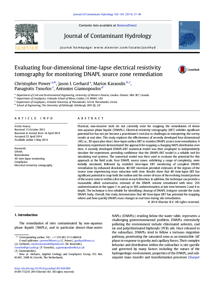 Evaluating four-dimensional time-lapse electrical resistivity tomography for monitoring DNAPL source zone remediation