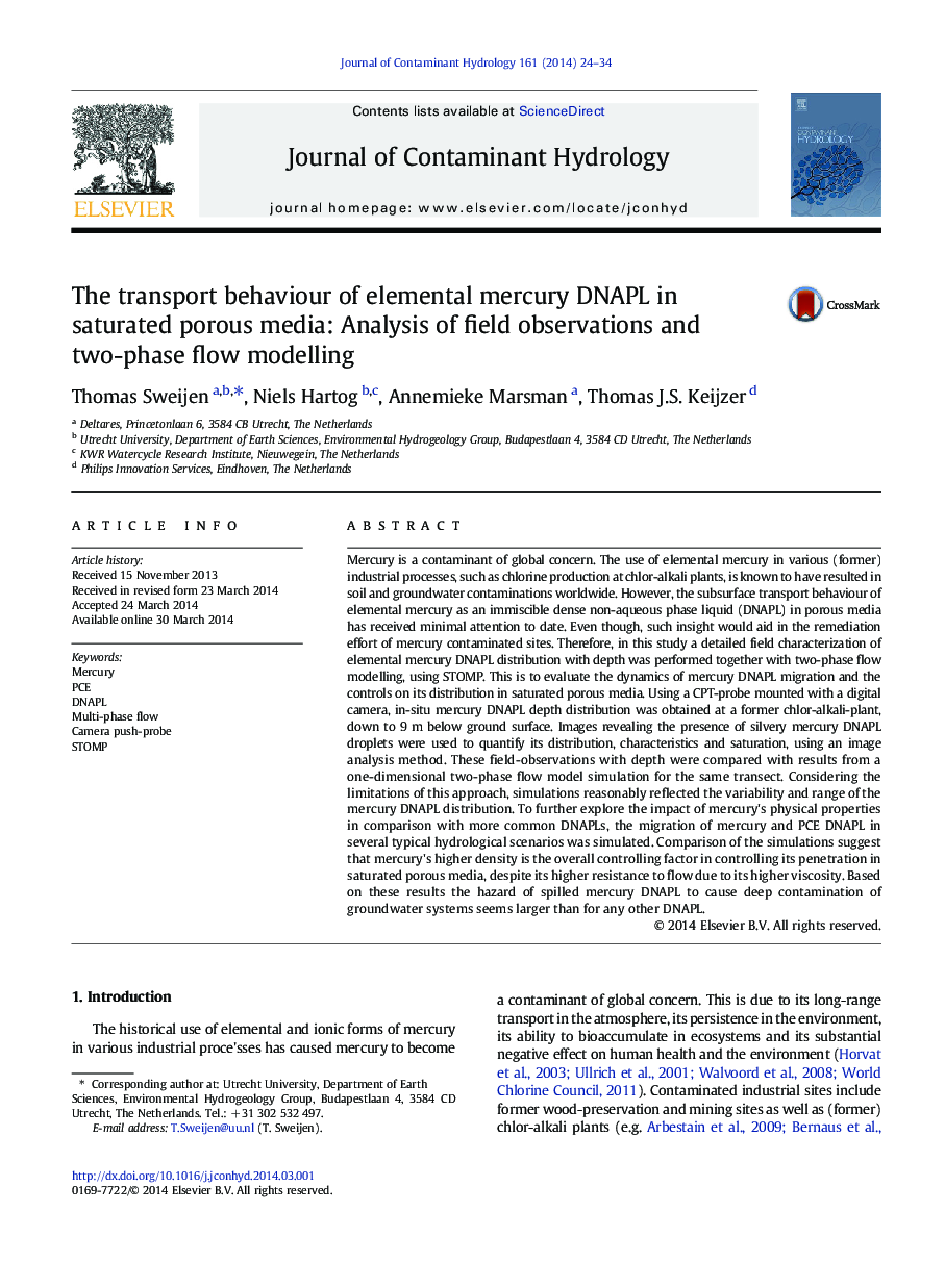 The transport behaviour of elemental mercury DNAPL in saturated porous media: Analysis of field observations and two-phase flow modelling