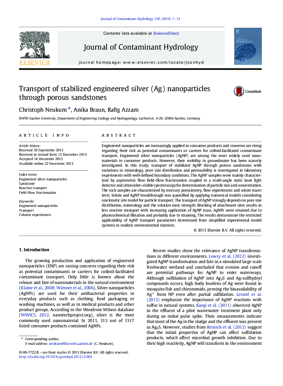 Transport of stabilized engineered silver (Ag) nanoparticles through porous sandstones