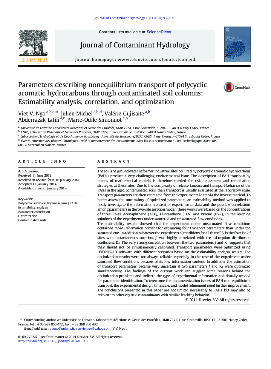 Parameters describing nonequilibrium transport of polycyclic aromatic hydrocarbons through contaminated soil columns: Estimability analysis, correlation, and optimization