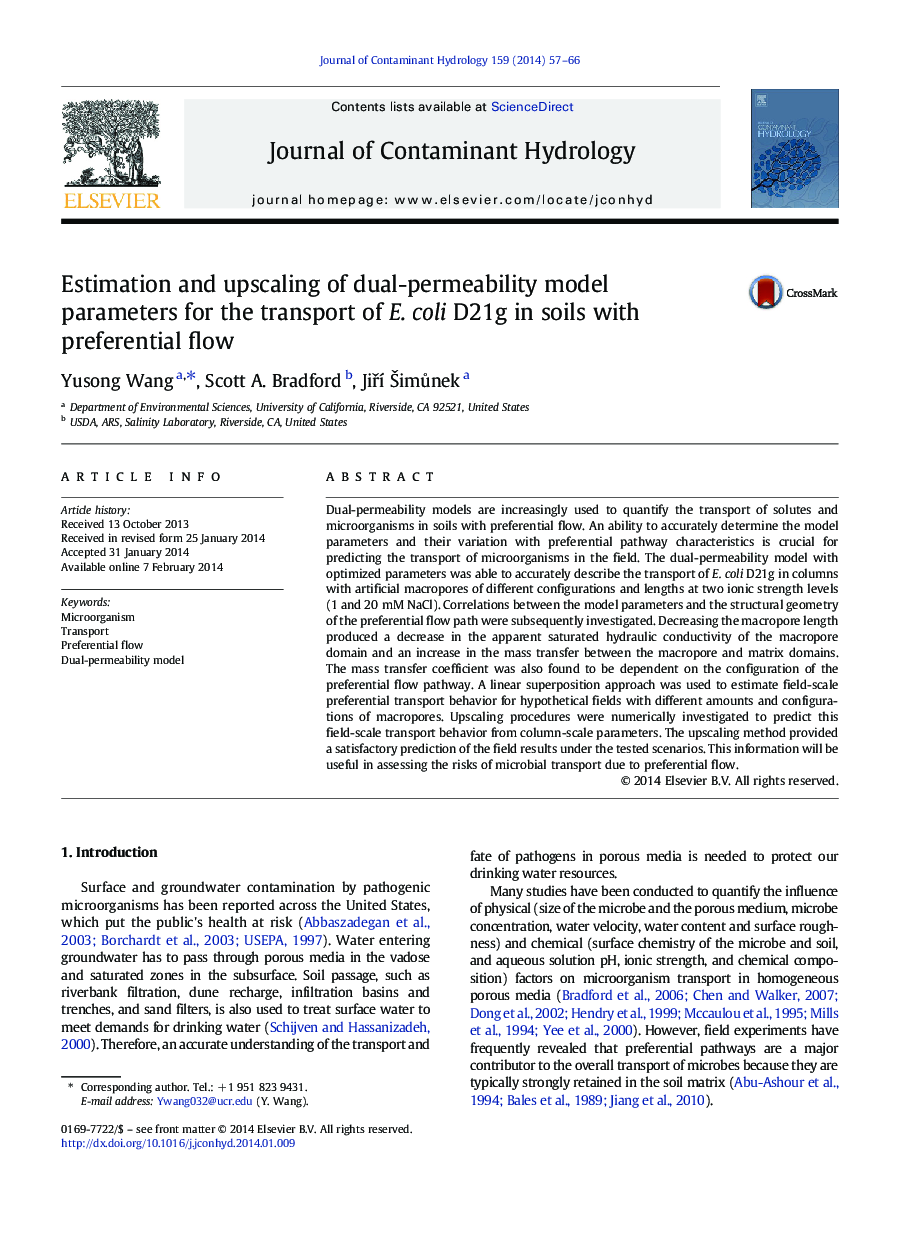 Estimation and upscaling of dual-permeability model parameters for the transport of E. coli D21g in soils with preferential flow