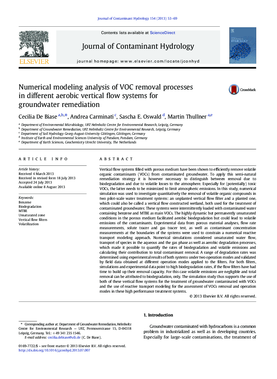 Numerical modeling analysis of VOC removal processes in different aerobic vertical flow systems for groundwater remediation