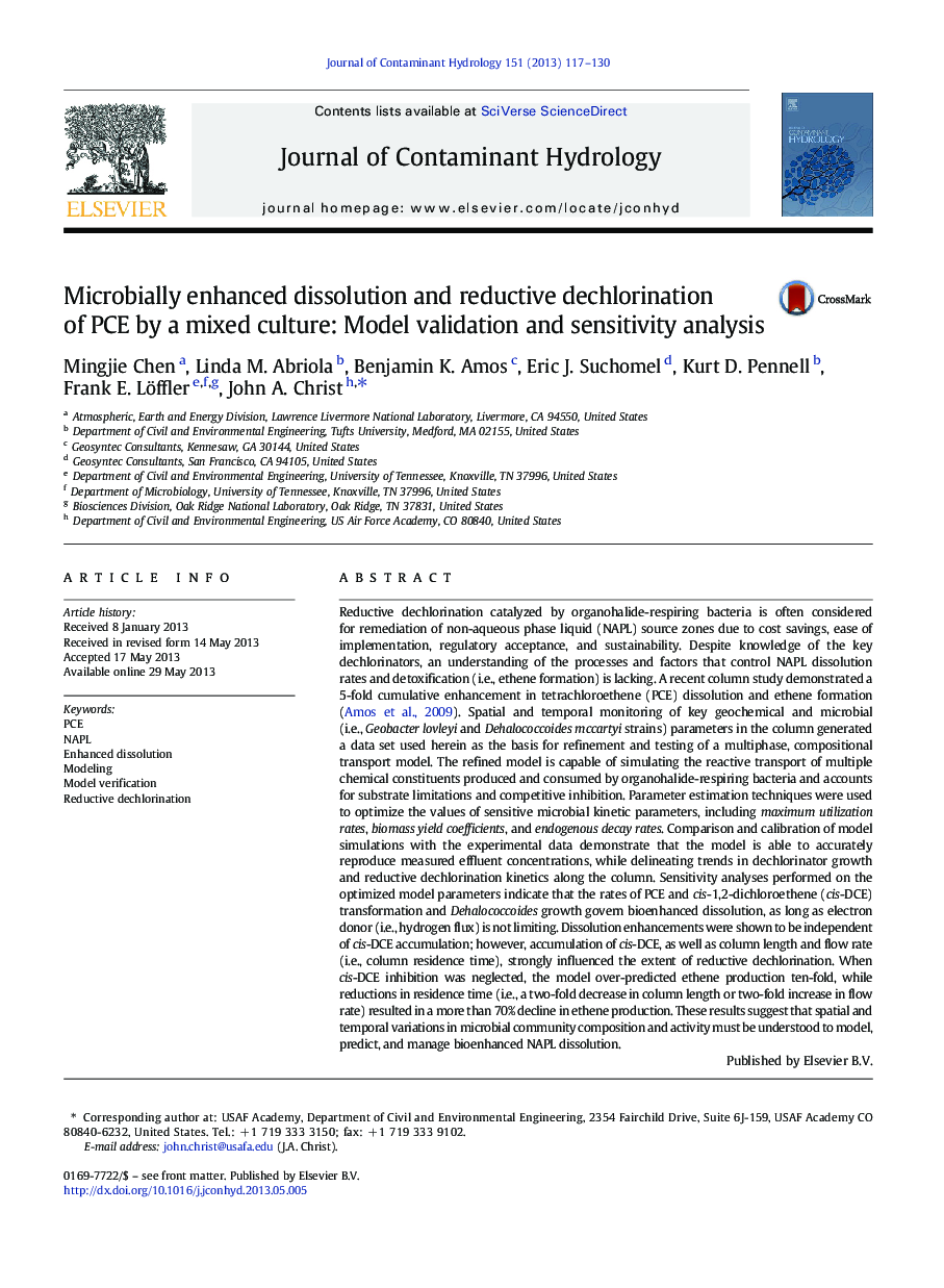 Microbially enhanced dissolution and reductive dechlorination of PCE by a mixed culture: Model validation and sensitivity analysis