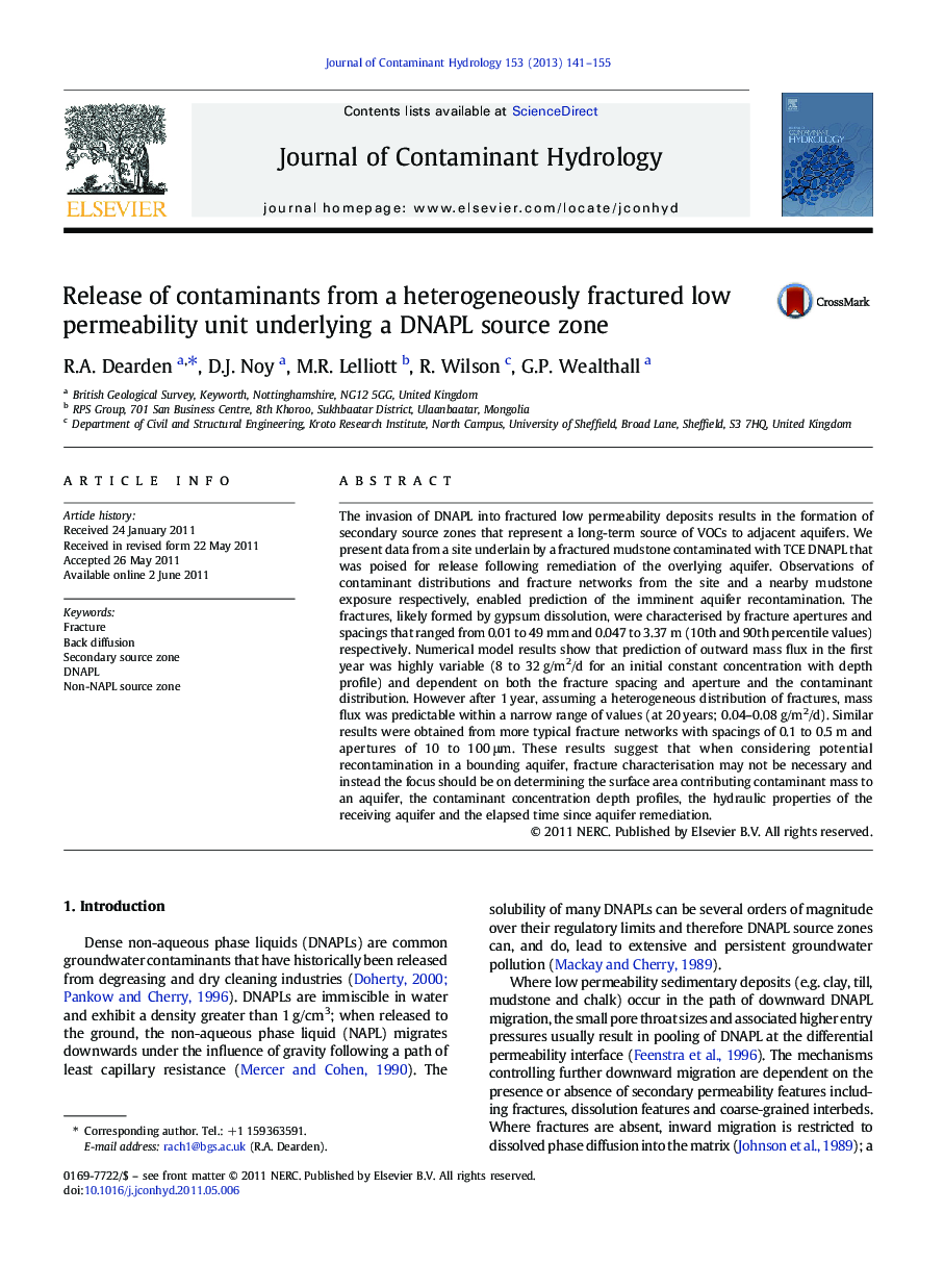 Release of contaminants from a heterogeneously fractured low permeability unit underlying a DNAPL source zone