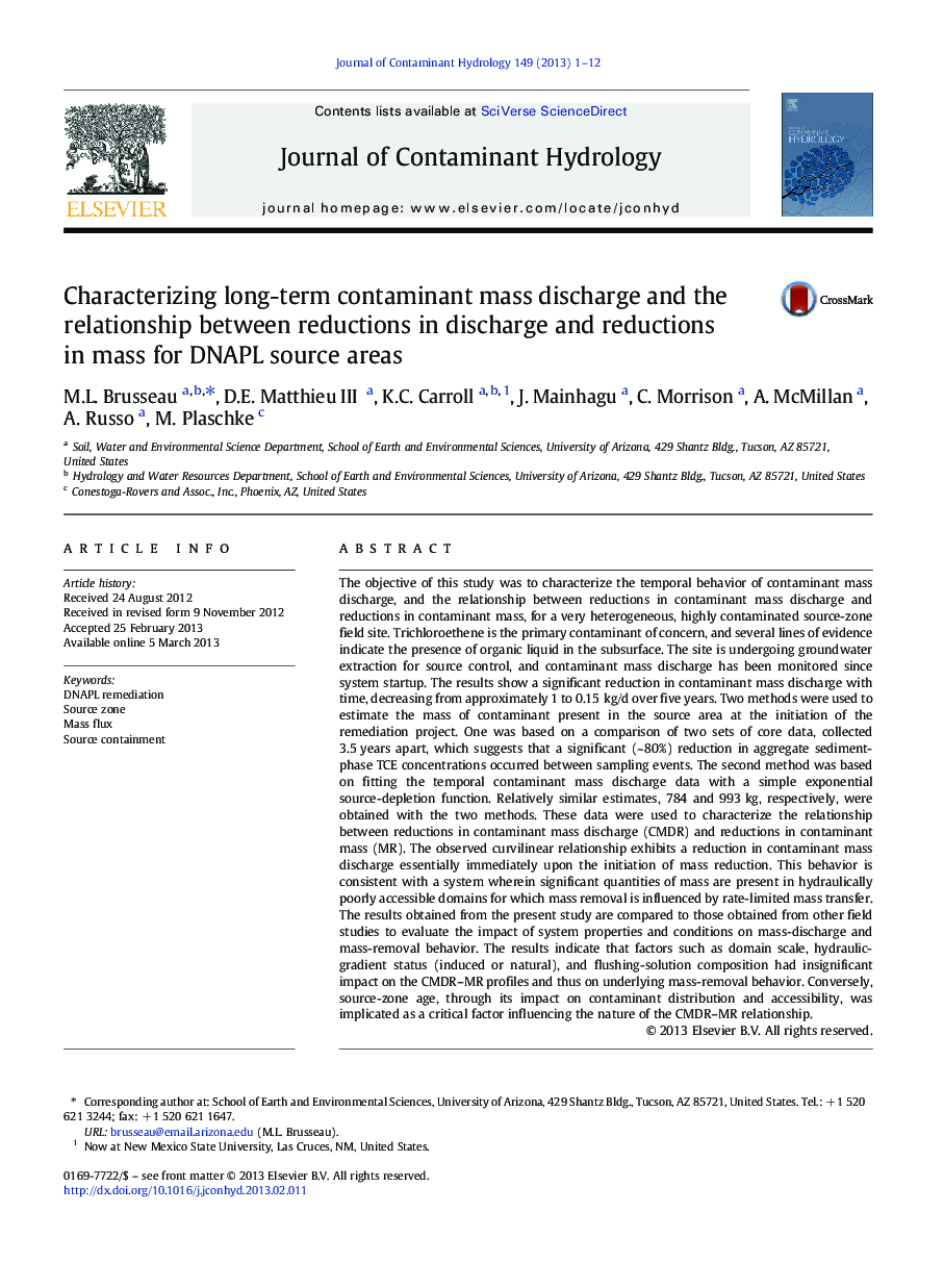 Characterizing long-term contaminant mass discharge and the relationship between reductions in discharge and reductions in mass for DNAPL source areas