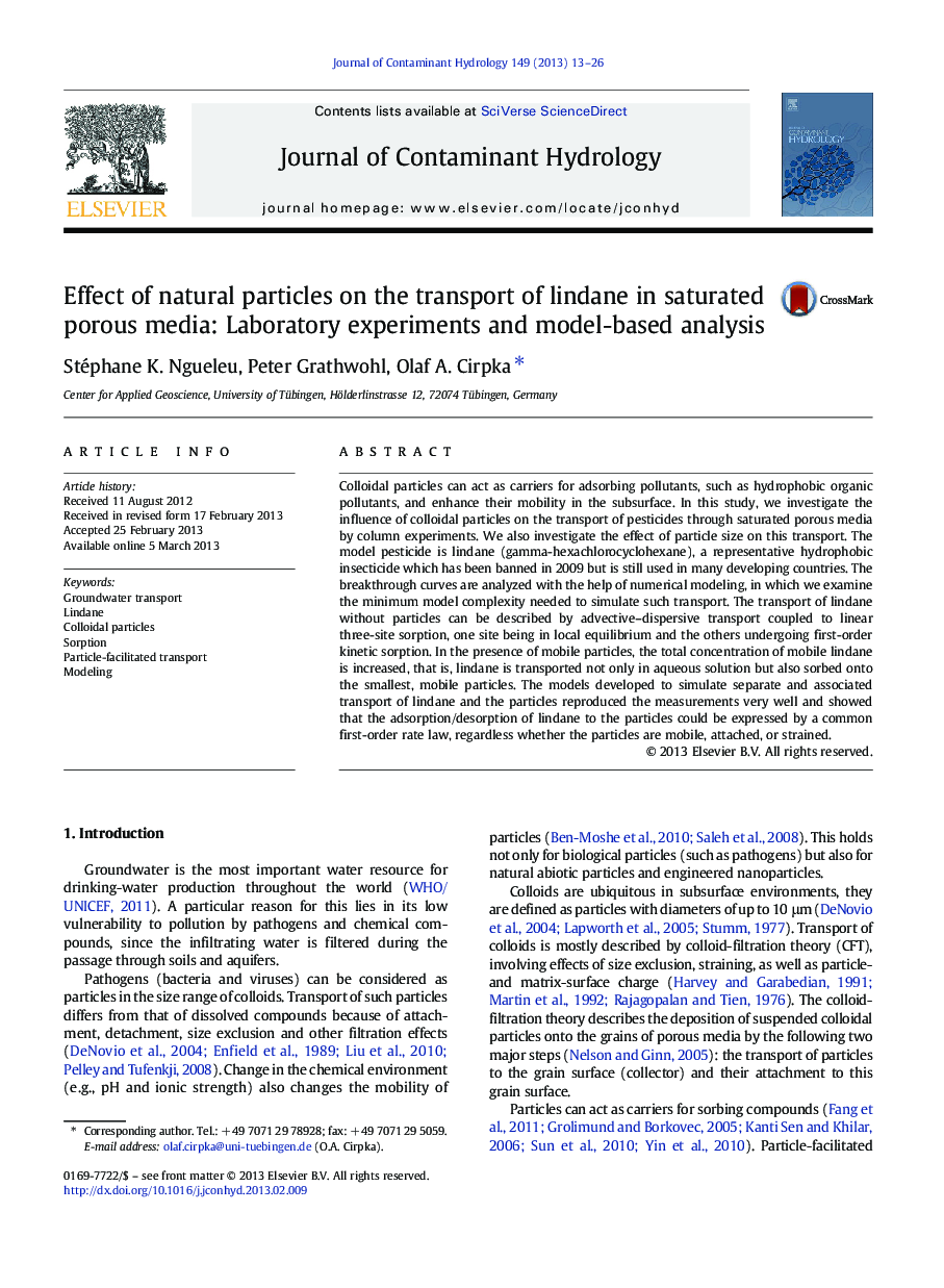 Effect of natural particles on the transport of lindane in saturated porous media: Laboratory experiments and model-based analysis