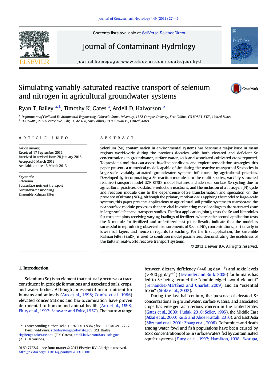 Simulating variably-saturated reactive transport of selenium and nitrogen in agricultural groundwater systems