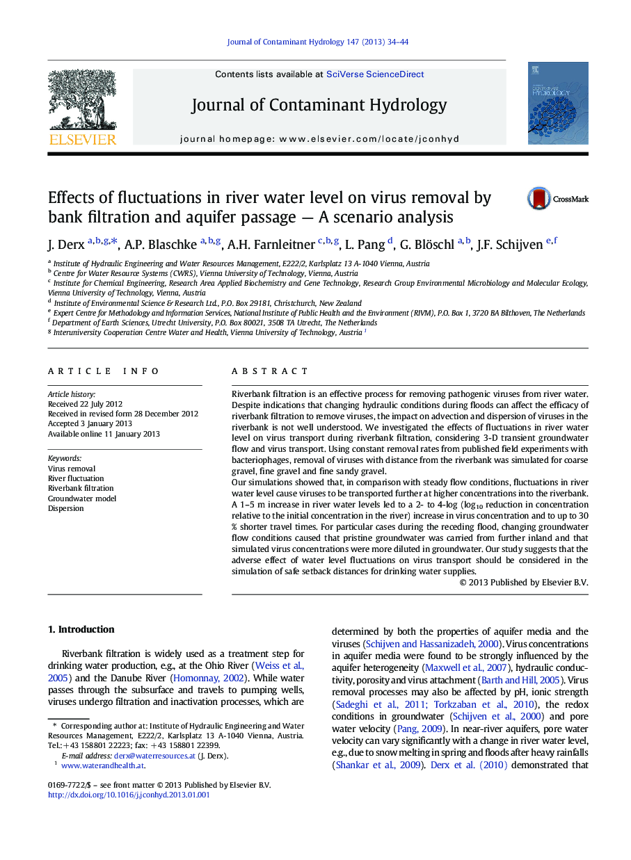 Effects of fluctuations in river water level on virus removal by bank filtration and aquifer passage — A scenario analysis