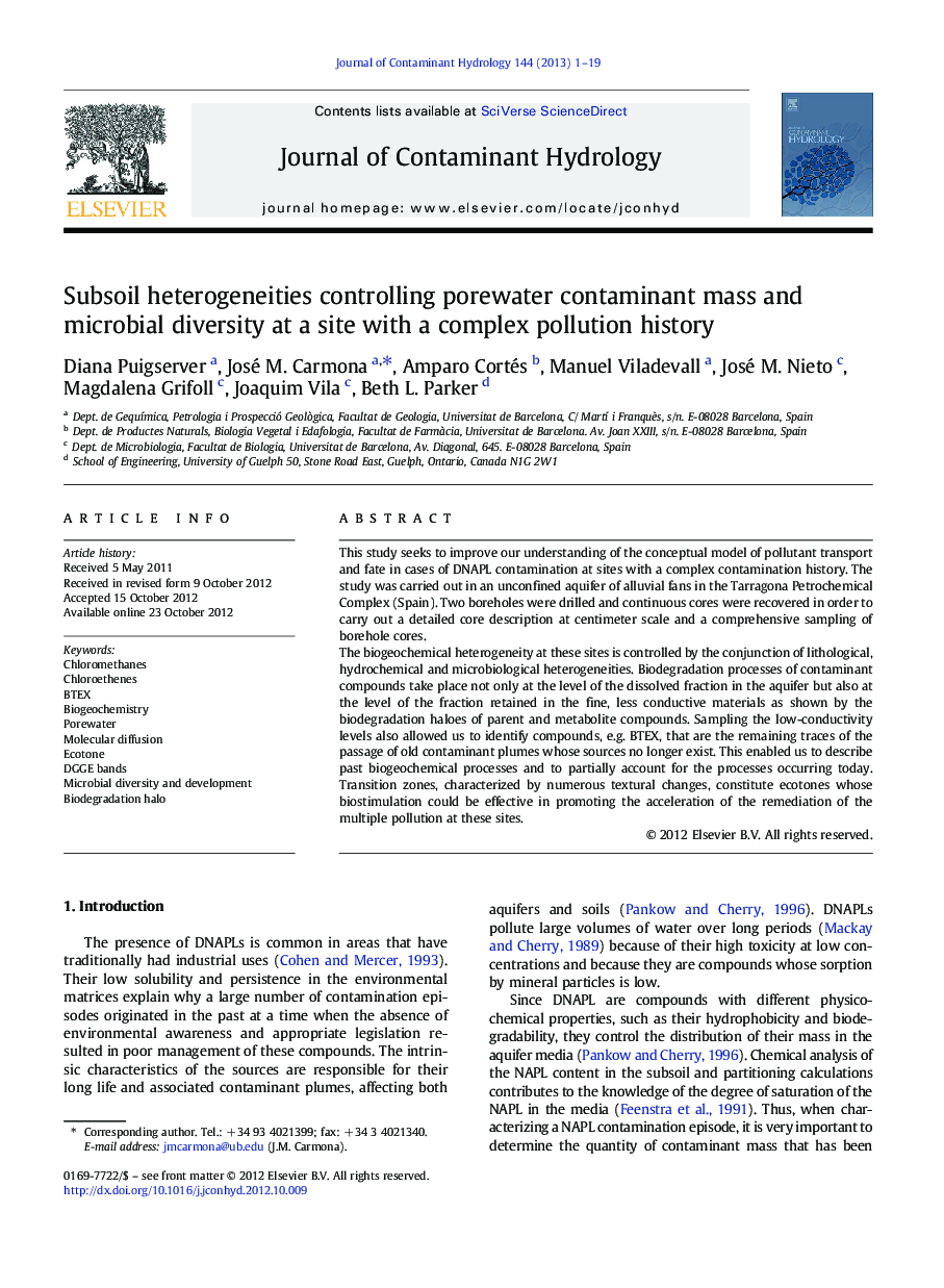 Subsoil heterogeneities controlling porewater contaminant mass and microbial diversity at a site with a complex pollution history