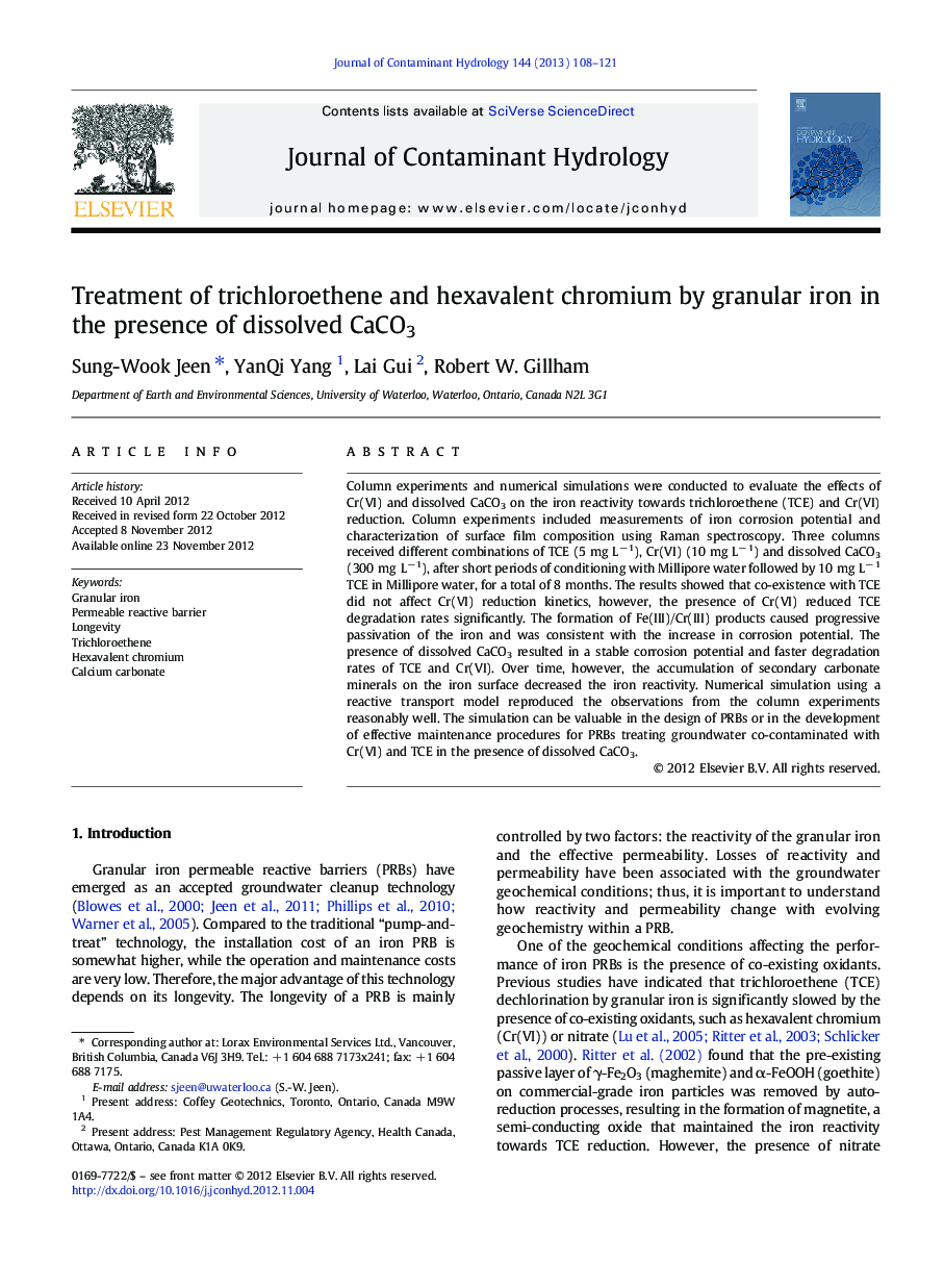 Treatment of trichloroethene and hexavalent chromium by granular iron in the presence of dissolved CaCO3