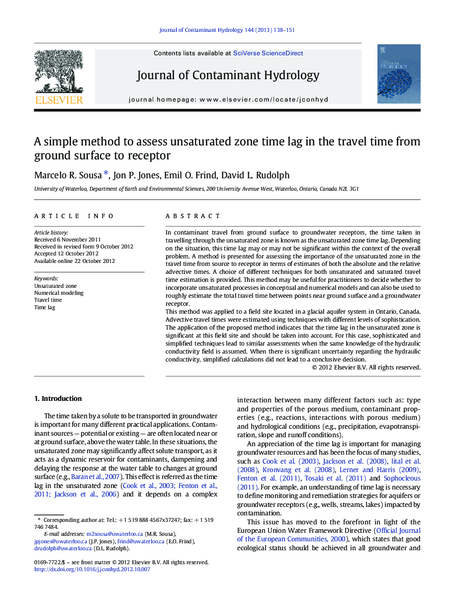 A simple method to assess unsaturated zone time lag in the travel time from ground surface to receptor